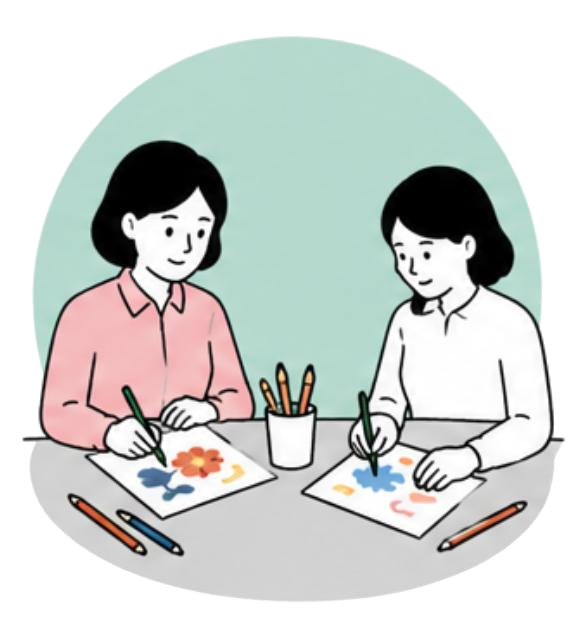 성인 1:1 개인 미술치료에서 함께 그림을 그리는 장면